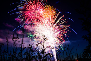 Bright and colorful 4th of July fireworks in a dark night sky over the water in Priest River Idaho