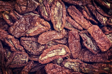 Traditional Italian antipasto dried tomatoes as close-up