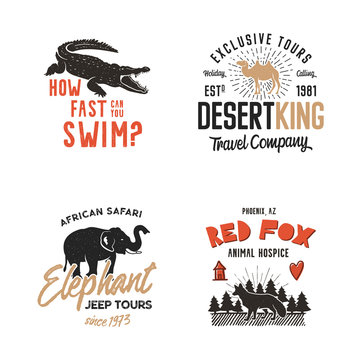 Wild animal Badges set and great outdoors activity insignias. Retro illustration of animal badges. Typographic camping style. Stock Vector wild Animal logos, letterpress effect. Tourism agency labels