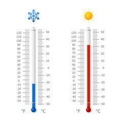 Hot and cold weather temperature symbols. Meteorology thermometers with celsius and fahrenheit scale vector illustration