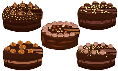 A set of round chocolate cakes with nuts. Chocolate cake with nuts and cream isolated on white background. Vector illustration.