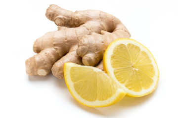 Ginger bio and lemon on white background.