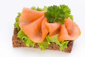 Bread with fresh salmon fillet isolated on white background, top view.