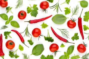 Onion and spices isolated on white background, top view. Wallpaper abstract composition of vegetables.