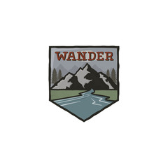 Mountain vintage badge. Mountain explorer label. Outdoor adventure logo design with mountains and wander sign. Travel and hipster insignia. Wilderness, forest camping emblem. Stock vector