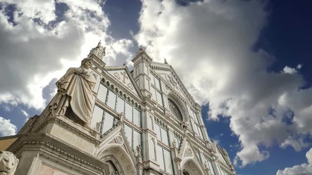 Clouds passing over Santa Croce cathedral in Florence. Tuscany, Italy. Time lapse effect