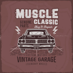Fototapeta premium Vintage hand drawn muscle car t shirt design. Classic car poster with typography. Retro style poster with red grunge background. Old car logo, emblem template. Stock vector illustration