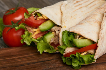 Shawarma Sandwich with fresh vegetables and chicken grilled meat, Doner Kebab, Chicken Shawarma, Burrito