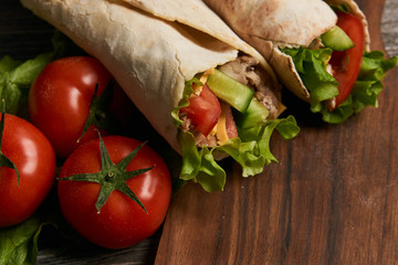 Shawarma Sandwich with fresh vegetables and chicken grilled meat, Doner Kebab, Chicken Shawarma, Burrito