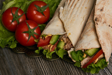 Shawarma Sandwich with fresh vegetables and chicken grilled meat, Doner Kebab, Chicken Shawarma, Burrito