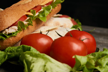 Burrito with grilled chicken and vegetables, Shawarma Sandwich, Doner Kebab, Chicken Shawarma, Subway sandwich on wooden table