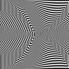 Abstract black and white background. Geometric pattern with visual distortion effect. Illusion of rotation. Op art. 