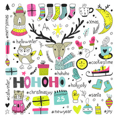 Hand draw collection of christmas doodle elements.