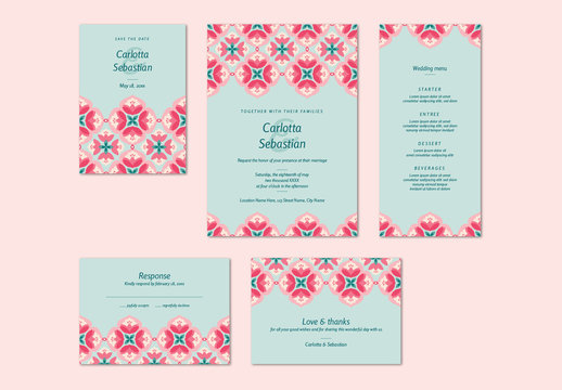 Wedding Invitation Set with Pink and Teal Floral Elements