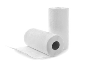 Rolls of paper towels on white background