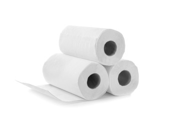 Fototapeta premium Rolls of paper towels on white background