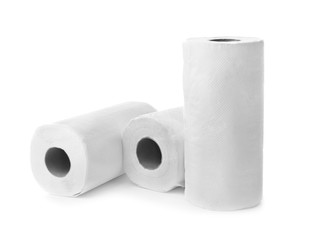 Rolls of paper towels on white background