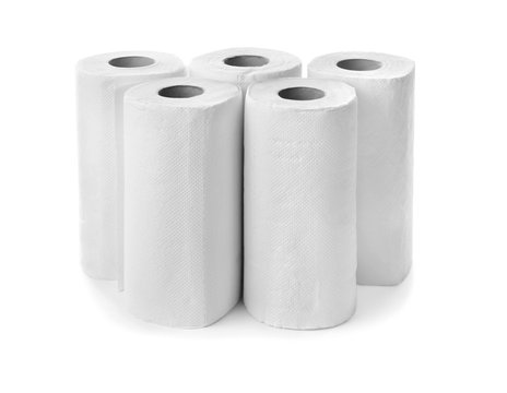 Rolls of paper towels on white background