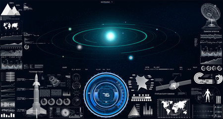 HUD UI. Space launch rockets, instrument panel, radars, 3d spaceship, space satellite, solar system, antenna in the HUD style. Technology Elements pack of the Sky-fi UI. Hologram solar system. Sci set