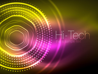Magic neon circle shape abstract background, shiny light effect template for web banner, business or technology presentation background or elements, vector illustration