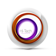 Digital techno sphere web banner, button or icon with text. Glossy swirl color abstract circle design, hi-tech futuristic symbol with color rings and grey metallic element