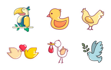 Birds icon set, cartoon style