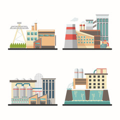Set of industry buildings in vector. Urban Factory Landscape manufactory of power electricity