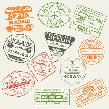 Set of isolated visa passport stamps of arriving to Spain, Portugal, Italy, Australia, Germany, Ireland, France, Norway, Austria New Zeland Greece