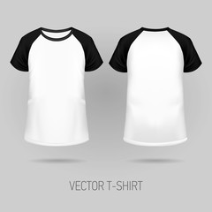 Raglan t-shirt with black short sleeve in front and back views, realistic gradient mesh vetor.