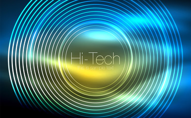 Circular glowing neon shapes, techno background. Abstract shiny transparent circles on dark technology space