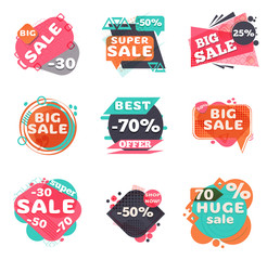 Set of modern sale labels. Collection symbols such as Special offer, Hot sale, Best price, Big Sale, Huge sale, Shop now.