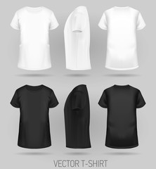 T-shirt template in three dimentions: front, side and back view, realistic gradient mesh vetor. black and white colors.