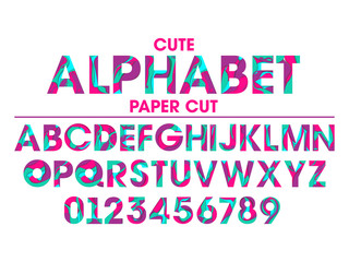 Vector Set of Letters and Numbers in paper cut style. Colorful alphabet with abstract paper cut shapes.