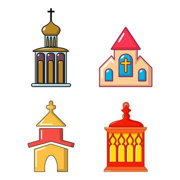 Church icon set, cartoon style