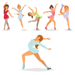 Figure ice skater vector cartoon trick figure women beauty sport girls doing exercise and tricks jumping ice skater characters dancer figurist skates girls performance illustration © Vectorvstocker