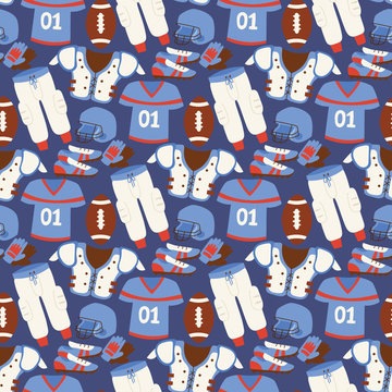 American football player action sport athlete uniform sporty accessory success playing tools seamless pattern background vector illustration