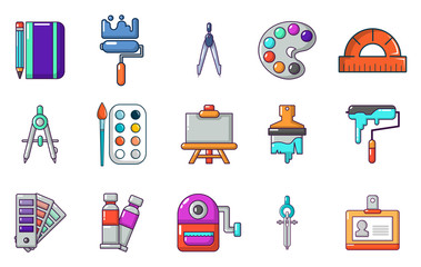 Paint tools icon set, cartoon style