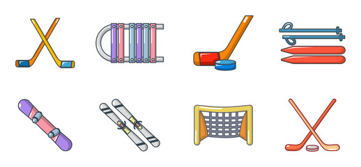 Winter sport equipment icon set, cartoon style