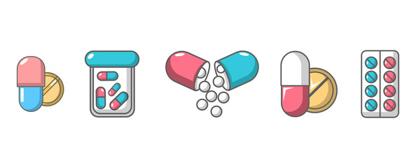 Pills icon set, cartoon style