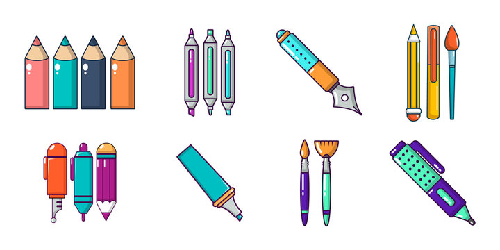 Pens icon set, cartoon style