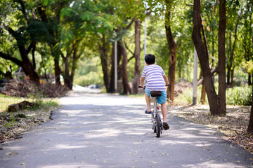 Asian boy ride bicycle in a park