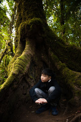 Young boy travel in a nature