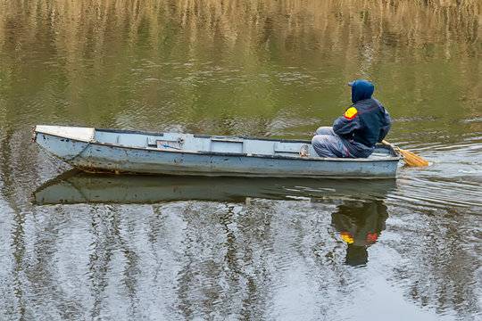 Novi Sad, Serbia March 18, 2018: Boatman oars on the Danube-Tisa-Danube canal
	