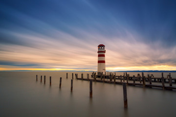 Lighthouse at Lake Neusiedl at sunset
