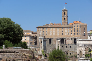 Panoramic view of Roman Forum in city of Rome, Italy