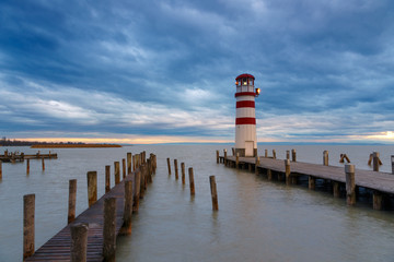 Lighthouse at Lake Neusiedl at sunset