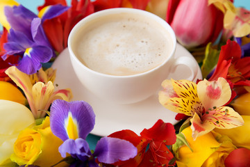 a close-up of a white forfor-a-cup with a saucer and coffee around which lie tulips, narcissus, and orchids that lie on a blue background