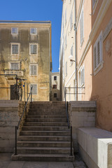 Street in Old Town Zadar with a stairway and bike parked , Croatia