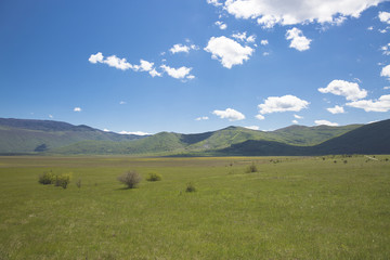 Countryside landscape at spring with field and mountain in the background and blue sky and fluffy white clouds, Croatia