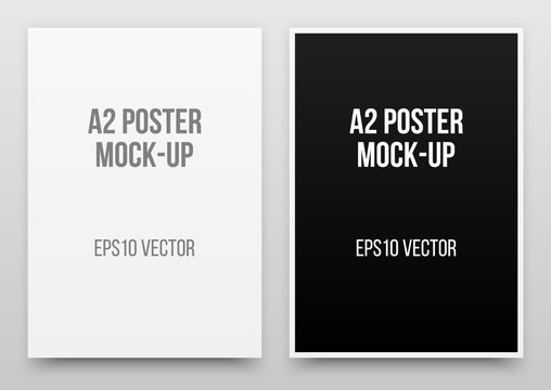 A2 white and black posters realistic template, mock-up with margins, realistic shadow and light background for design concepts, presentations, web, identity, prints. Vector illustration.